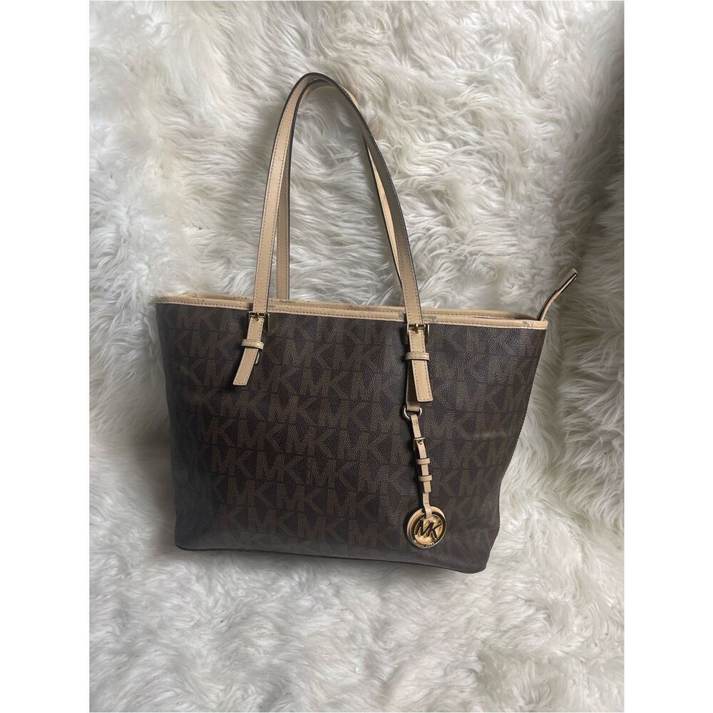 Michael Kors Brown MK Logo Tote with leather Beige Trim& straps